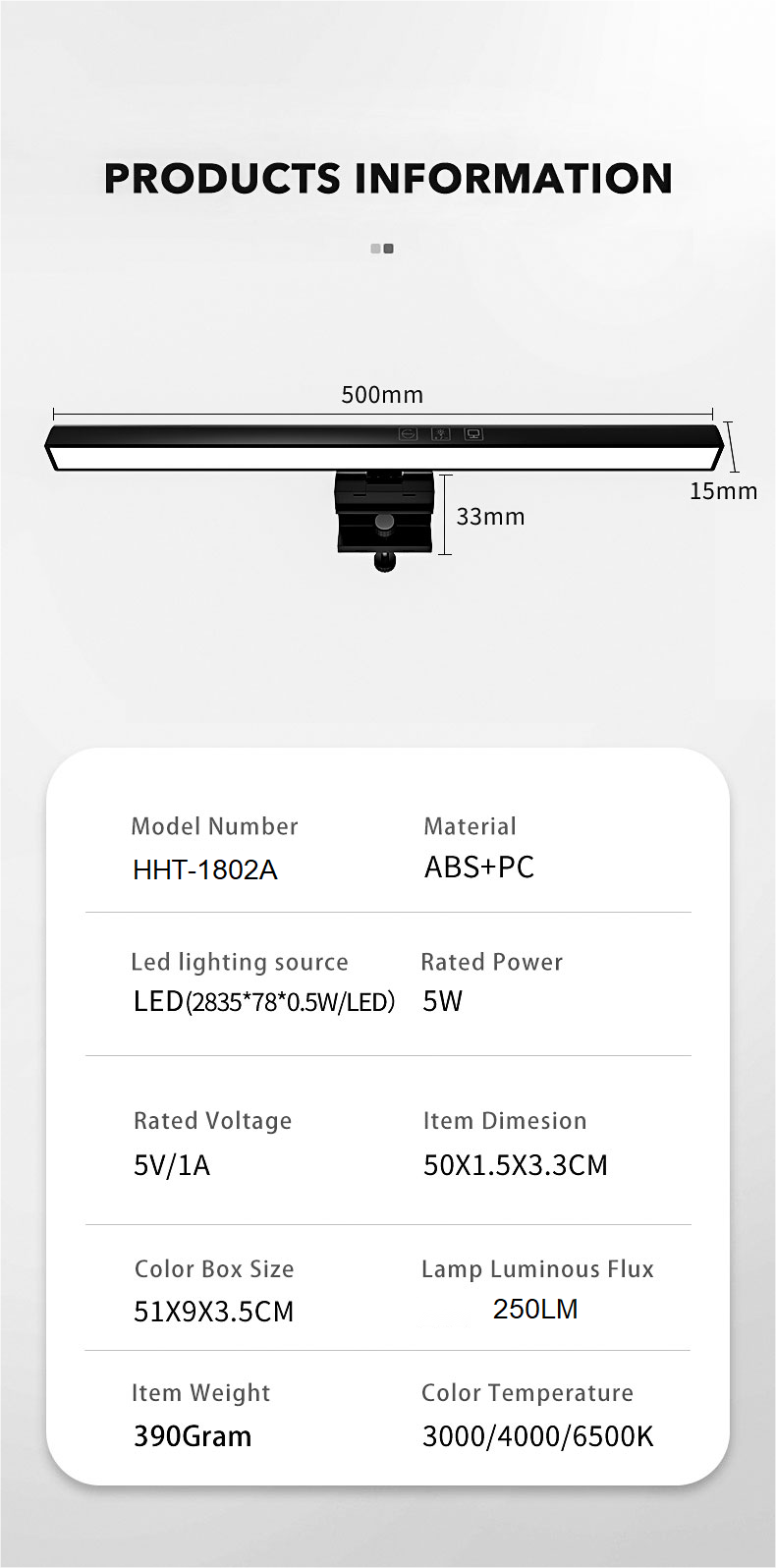 HH-1802A Led Eye Protection No Stroboflash Usb Powered Dimmable Architect Screen Light Bar Engineer Office Computer Metal Monitor Light